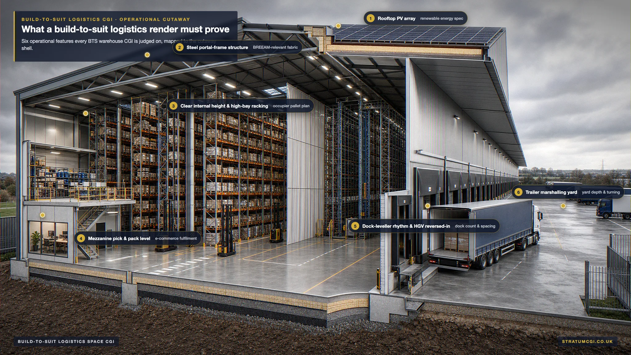 Annotated cross-section CGI of a UK build-to-suit logistics warehouse with six callouts marking rooftop photovoltaic array, steel portal-frame structure, clear internal height with high-bay racking, mezzanine pick and pack level, dock-leveller rhythm with an HGV reversed in, and trailer marshalling yard