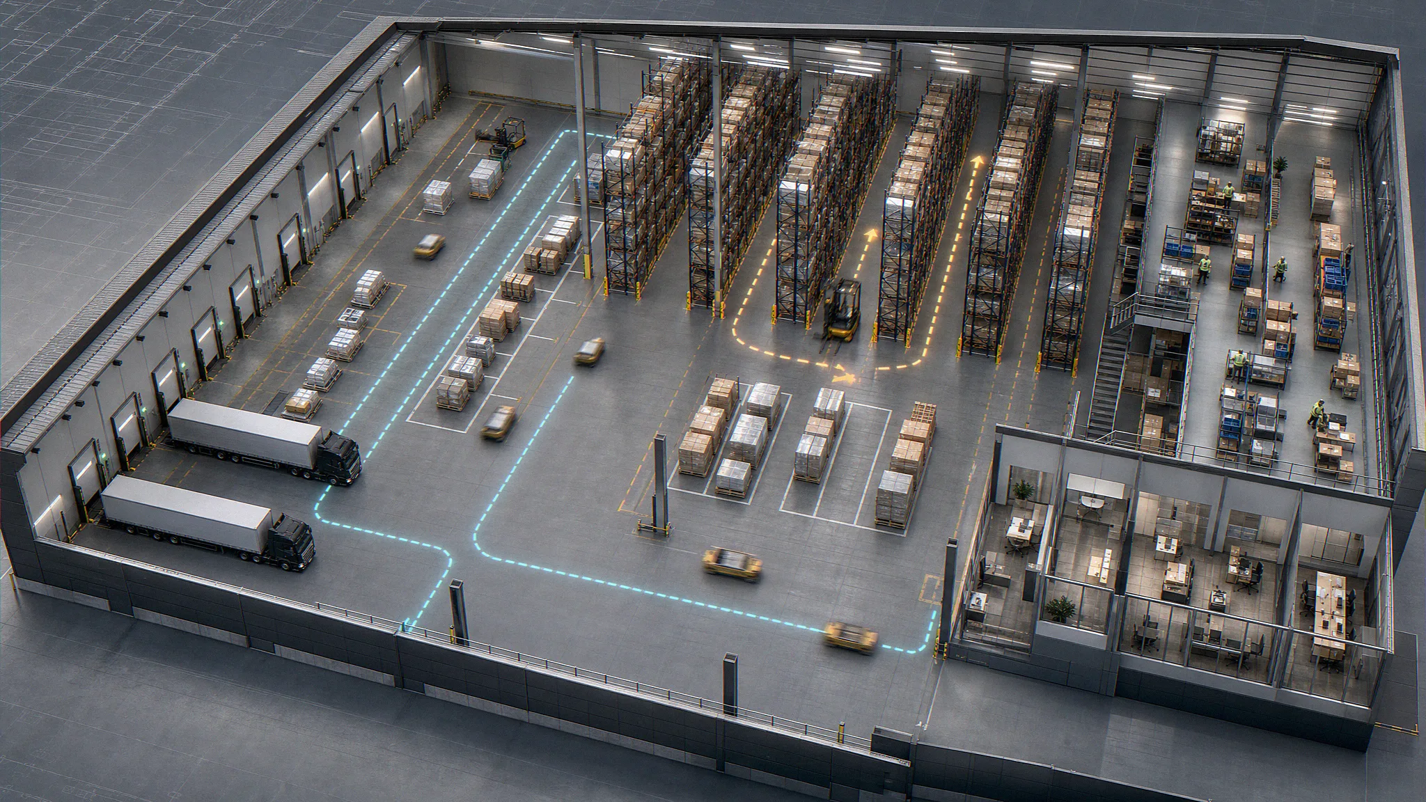 Isometric CGI frame from a build-to-suit logistics warehouse operational-fit test showing a UK warehouse interior with AGV path lines in dashed cyan running between dock doors and high-bay racking, forklift workflow arrows in dashed amber looping a racking aisle, articulated HGV trailers reversed in at the dock face, marshalling and staging zone at centre, and a mezzanine office strip on the right