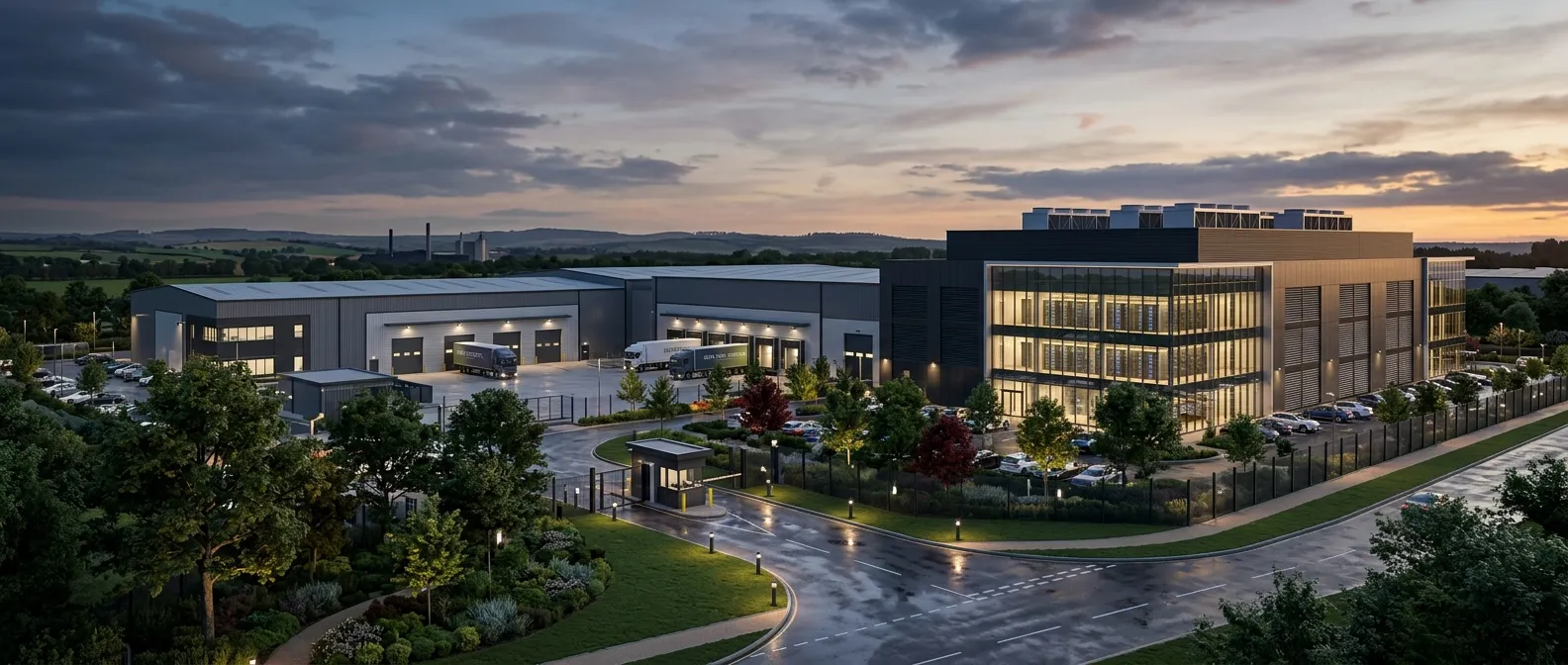 Photoreal industrial CGI hero visual showing an AI data centre, warehouse, and industrial development context in the UK