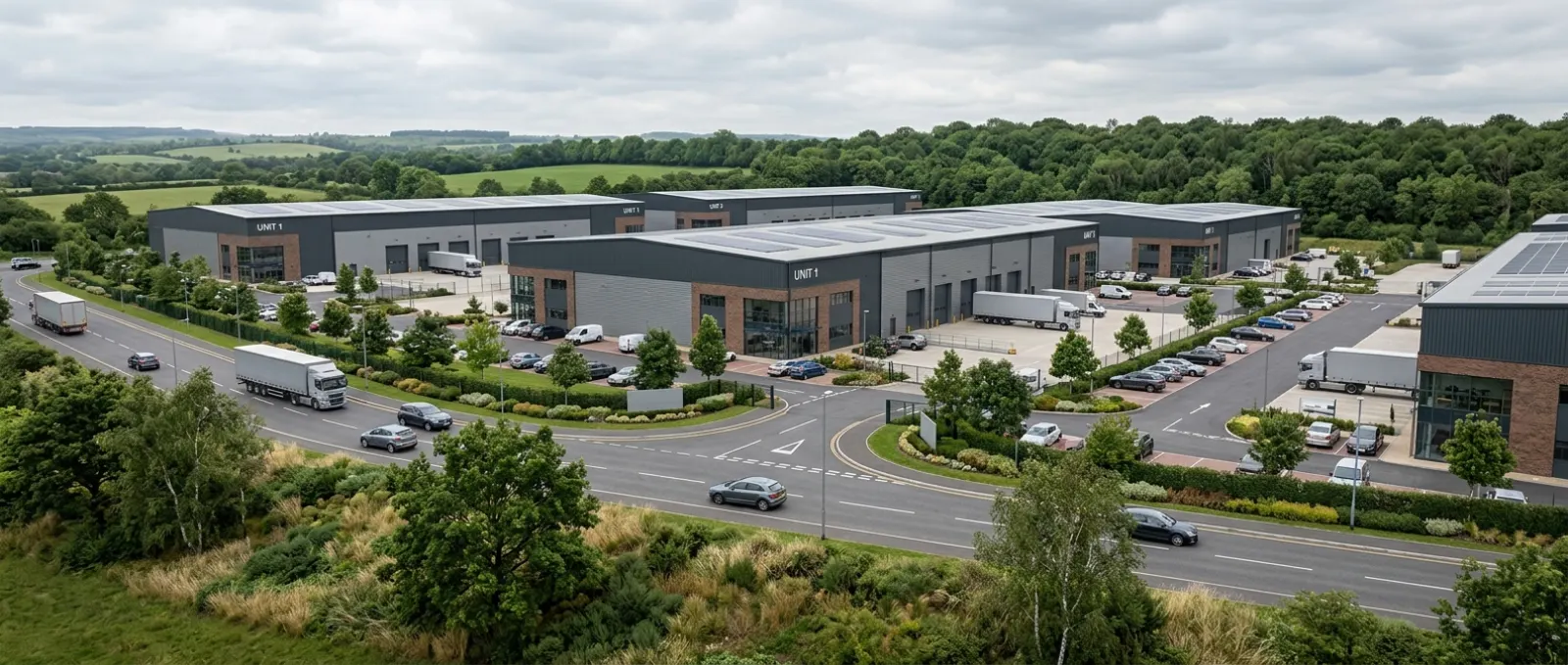 Aerial drone-style overhead of a logistics park