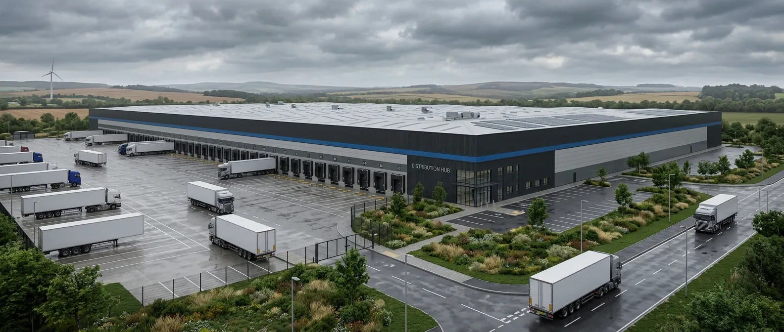 Photoreal logistics warehouse CGI hero visual showing a large British distribution hub exterior