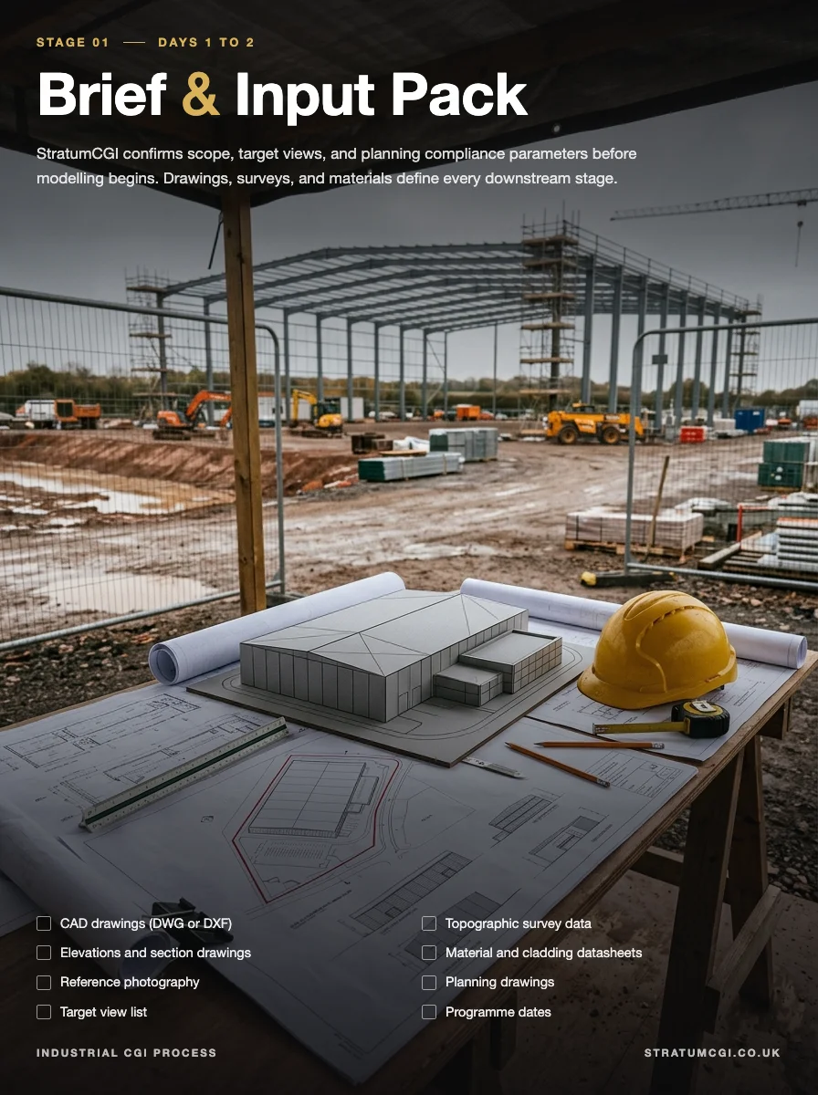 Brief and input pack stage of StratumCGI's industrial CGI process: warehouse massing model on a site trestle desk over CAD drawings, framed by an active UK construction site