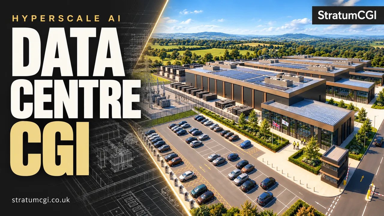 Hyperscale AI data centre campus with a wireframe-to-CGI reveal