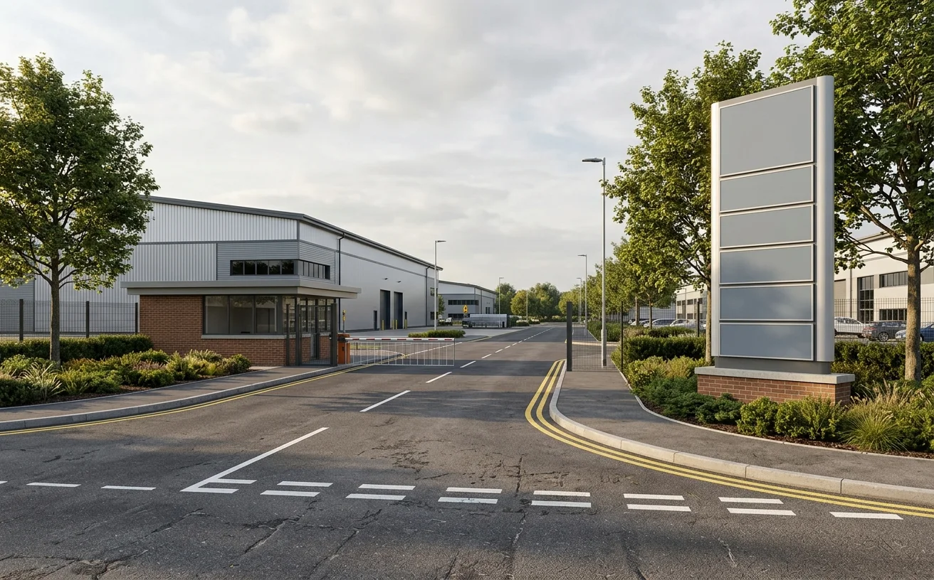 Ground-level pedestrian approach CGI of a UK industrial estate entry, showing gatehouse, signage totem and access road geometry