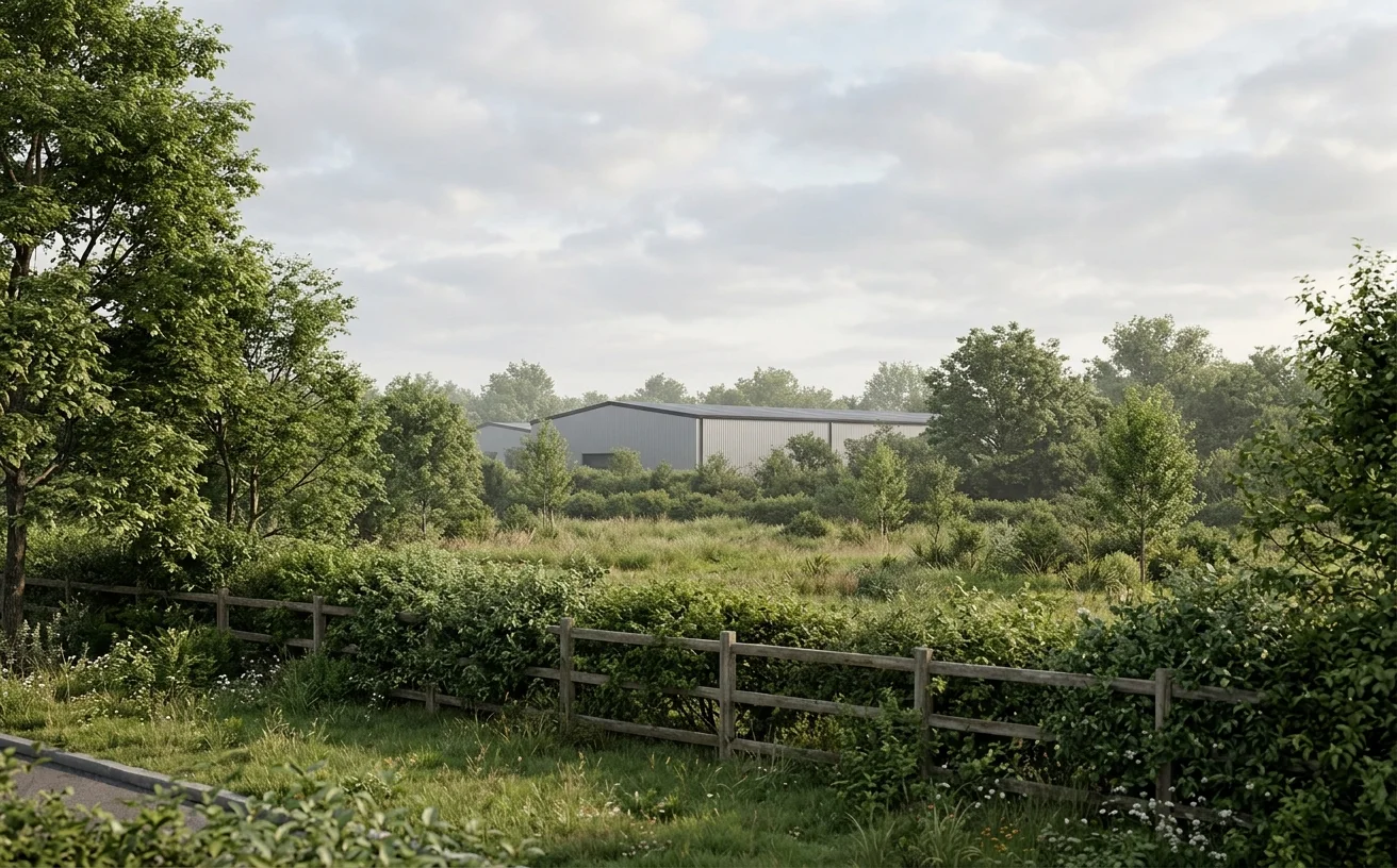 Neighbour-perspective massing CGI of a UK industrial scheme viewed from the residential edge with boundary screening