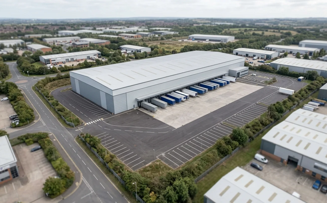 AVR Type 3 verified-view aerial CGI of a UK industrial distribution centre