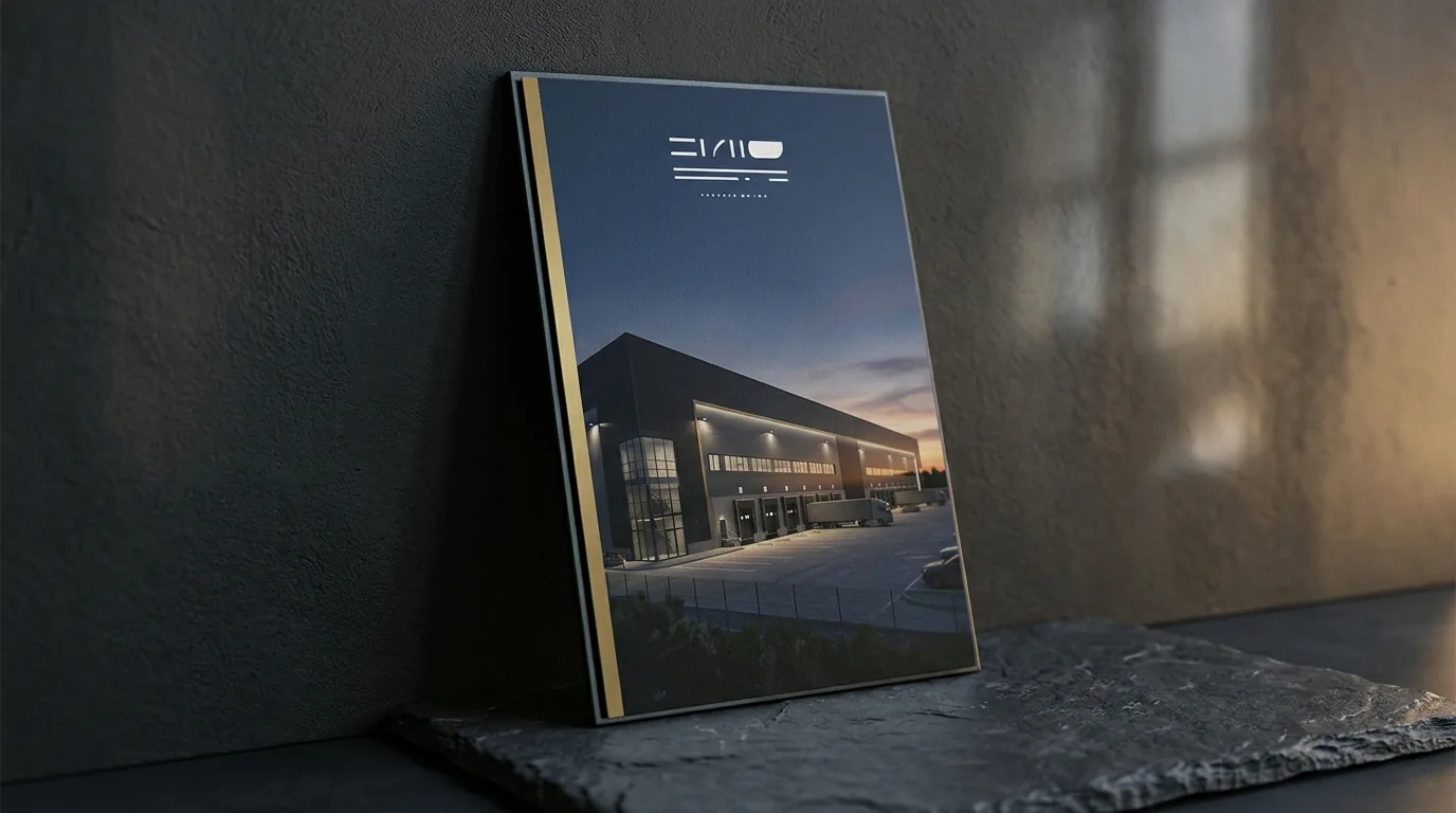 Printed branded launch banner mockup with dusk warehouse CGI and gold accent stripe