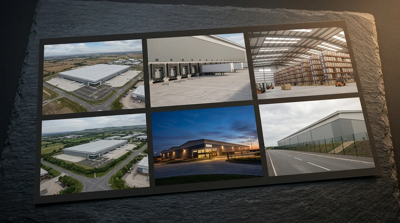 Gallery selection contact sheet of aerial, dock detail, internal capacity, and site-context warehouse CGI shots