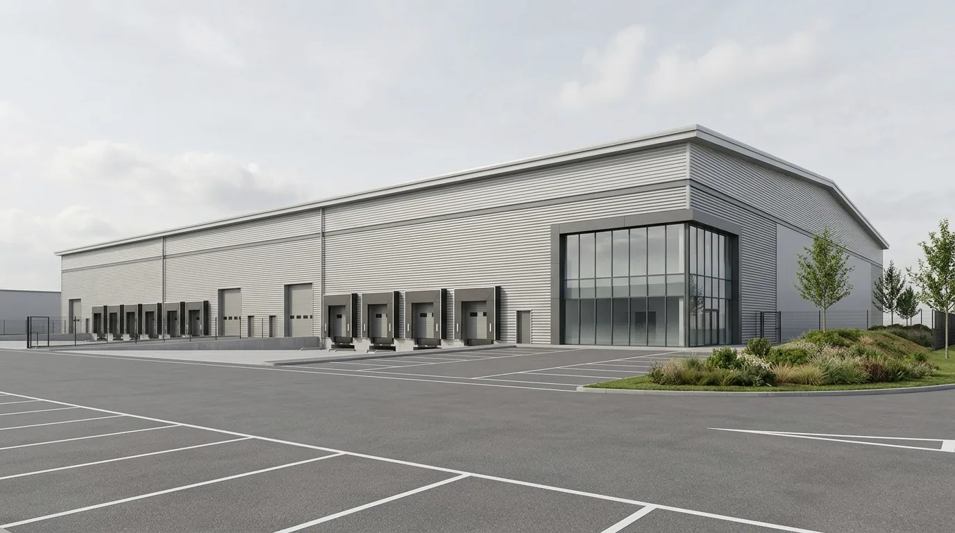Planning-grade architectural CGI of a UK big-box logistics warehouse, daylight render at planning submission standard