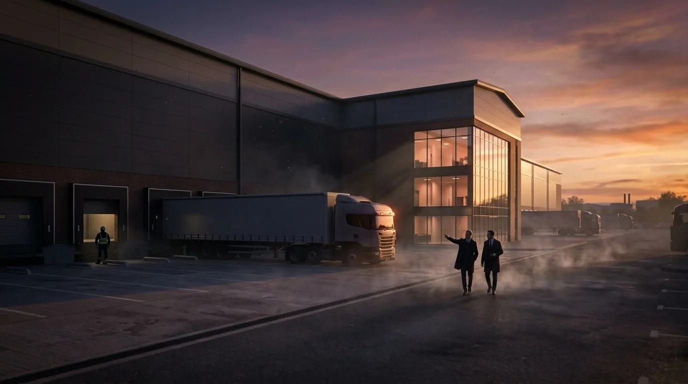 Dusk industrial property marketing CGI of a UK speculative big-box logistics warehouse, property professionals walking the loading apron at golden hour, articulated HGV at the dock, warm amber light from the glazed corner office