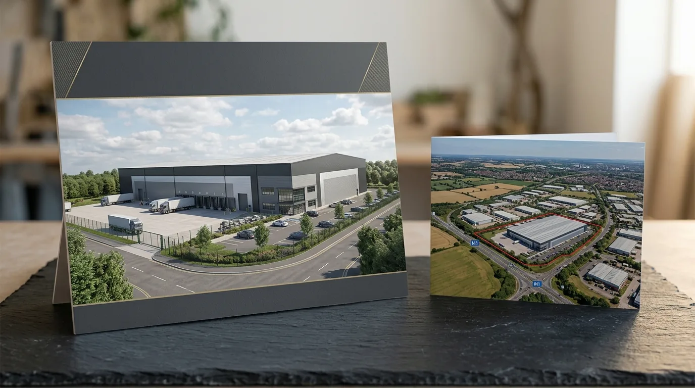 Site hoarding panel print and folded agent board print with the warehouse scheme imagery