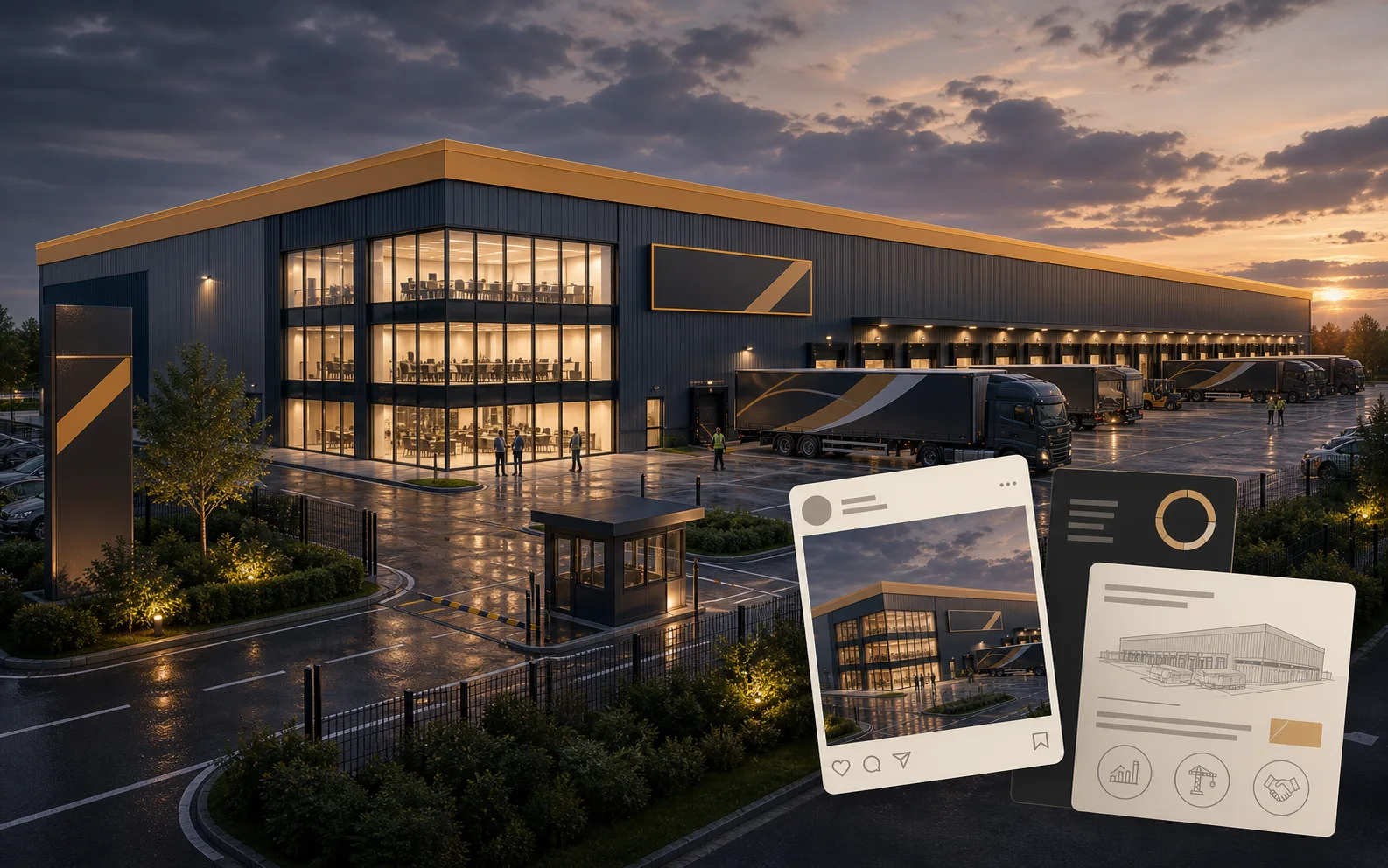Occupier Launch Campaign composite showing a branded occupied logistics warehouse with campaign asset overlays