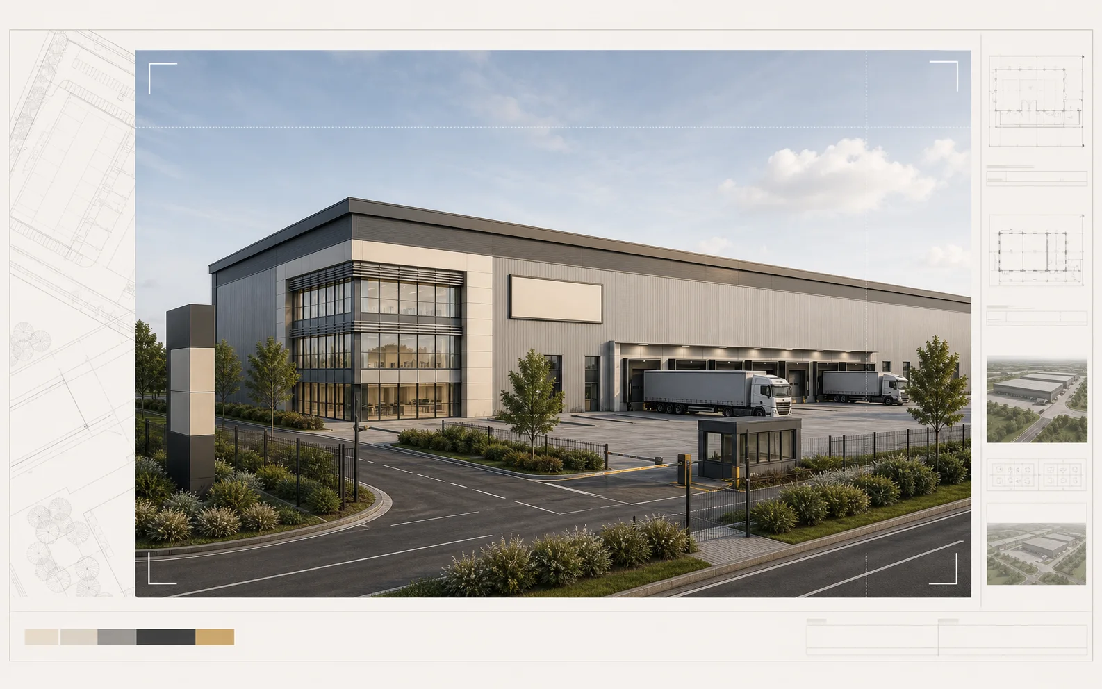 Planning Stage CGI Pack composite showing a planning-grade warehouse CGI with export sheet cues and neutral tenant signage