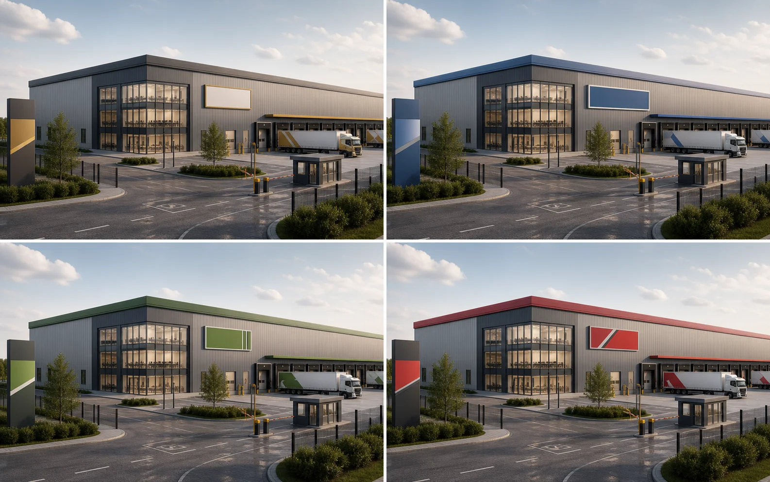 Pre-Let Marketing Campaign composite showing one logistics warehouse with different roof band colours and occupier signage variants