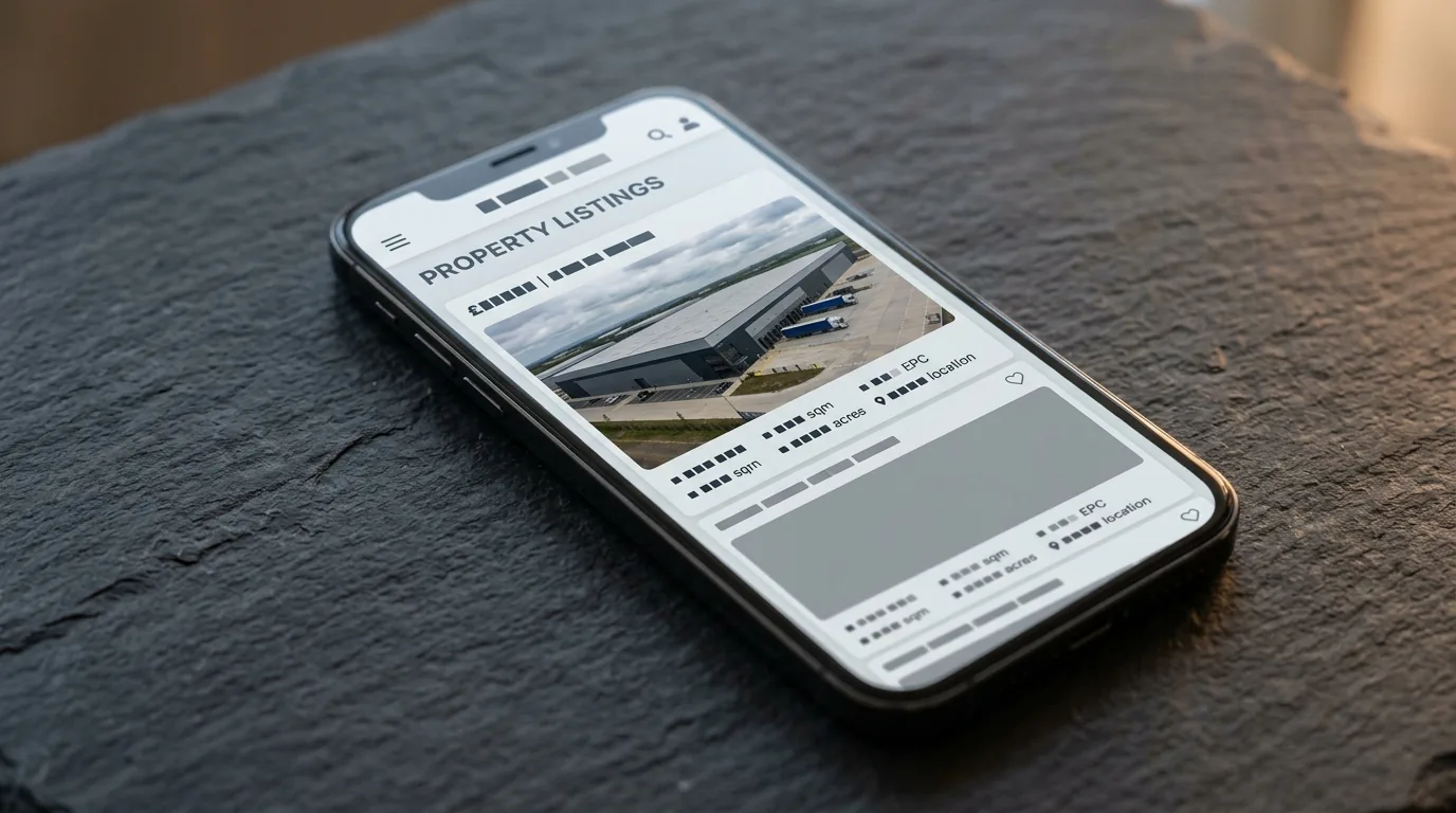 Property listing portal mockup on a smartphone showing the warehouse scheme as a portal-ready listing