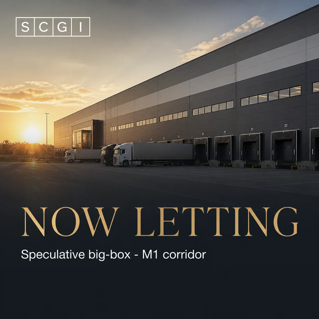 Branded Now Letting marketing tile sample for a UK speculative big-box warehouse on the M1 corridor, agency-board typography over photoreal CGI