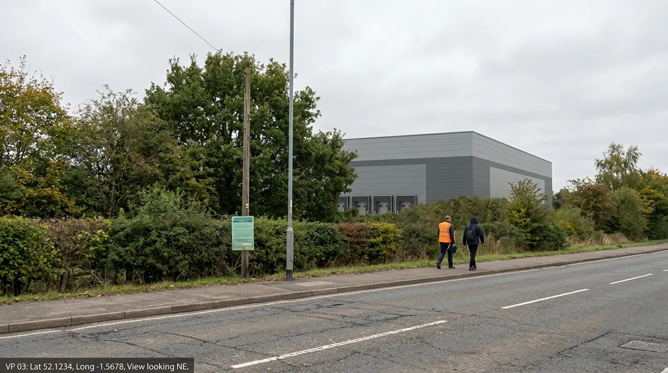 Daylight UK street-level verified-view photomontage of a big-box logistics warehouse half occluded by a hedgerow, two pedestrians on the pavement, GLVIA3 viewpoint annotation in the bottom-left corner
