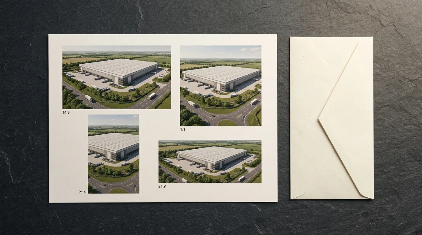 Press release visuals sheet showing 16:9, 1:1, 9:16, and 21:9 warehouse CGI crops with embargo envelope