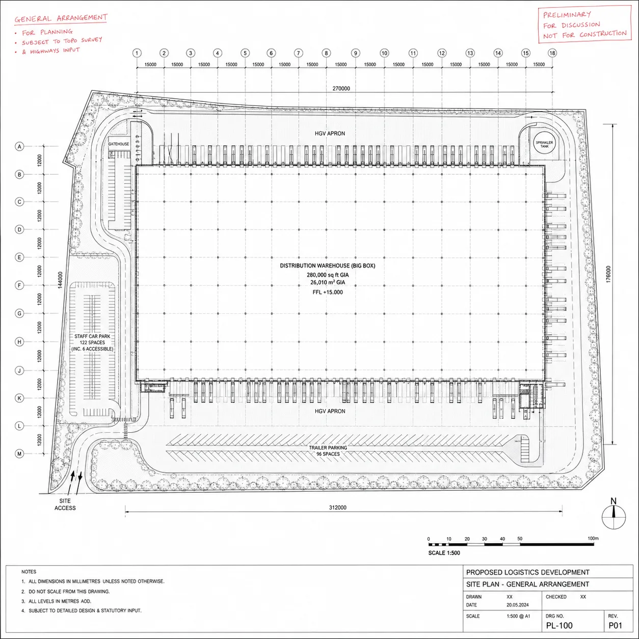 Day 1 brief: top-down architectural site plan blueprint of a UK big-box logistics warehouse with hand-marked notes