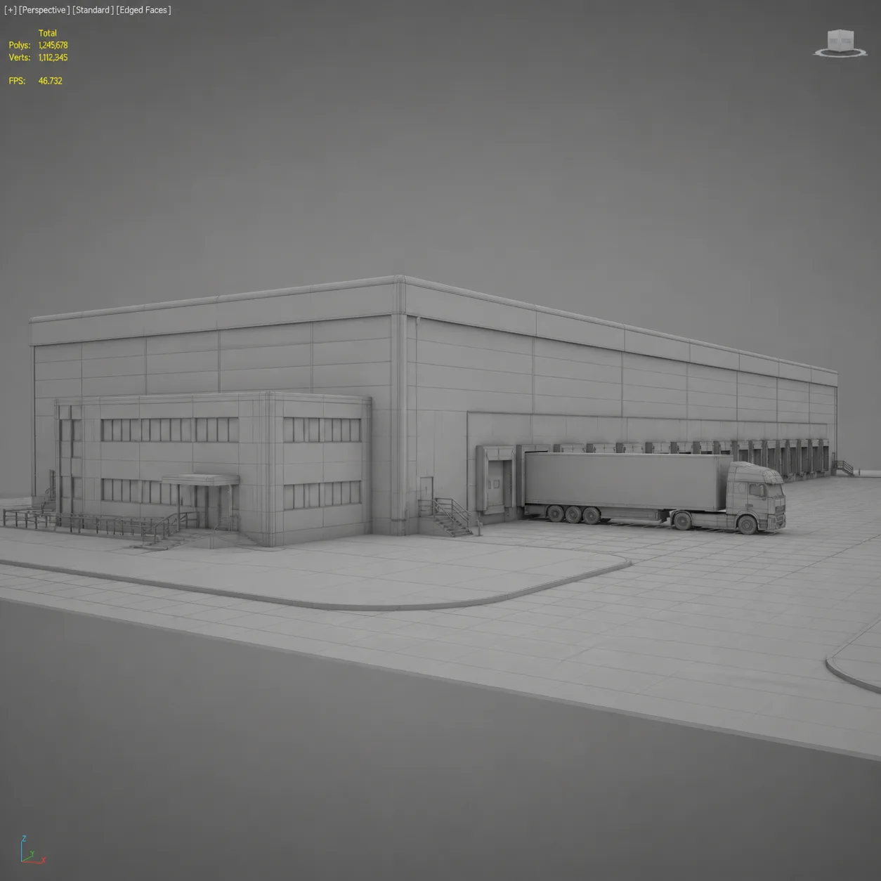 Day 2 clay model: untextured grey 3D massing of the warehouse on a virtual build platform