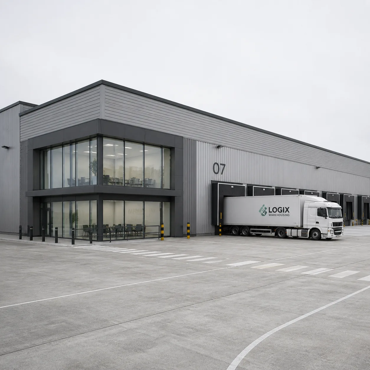 Day 3 textured: warehouse with materials and cladding applied under flat daylight study