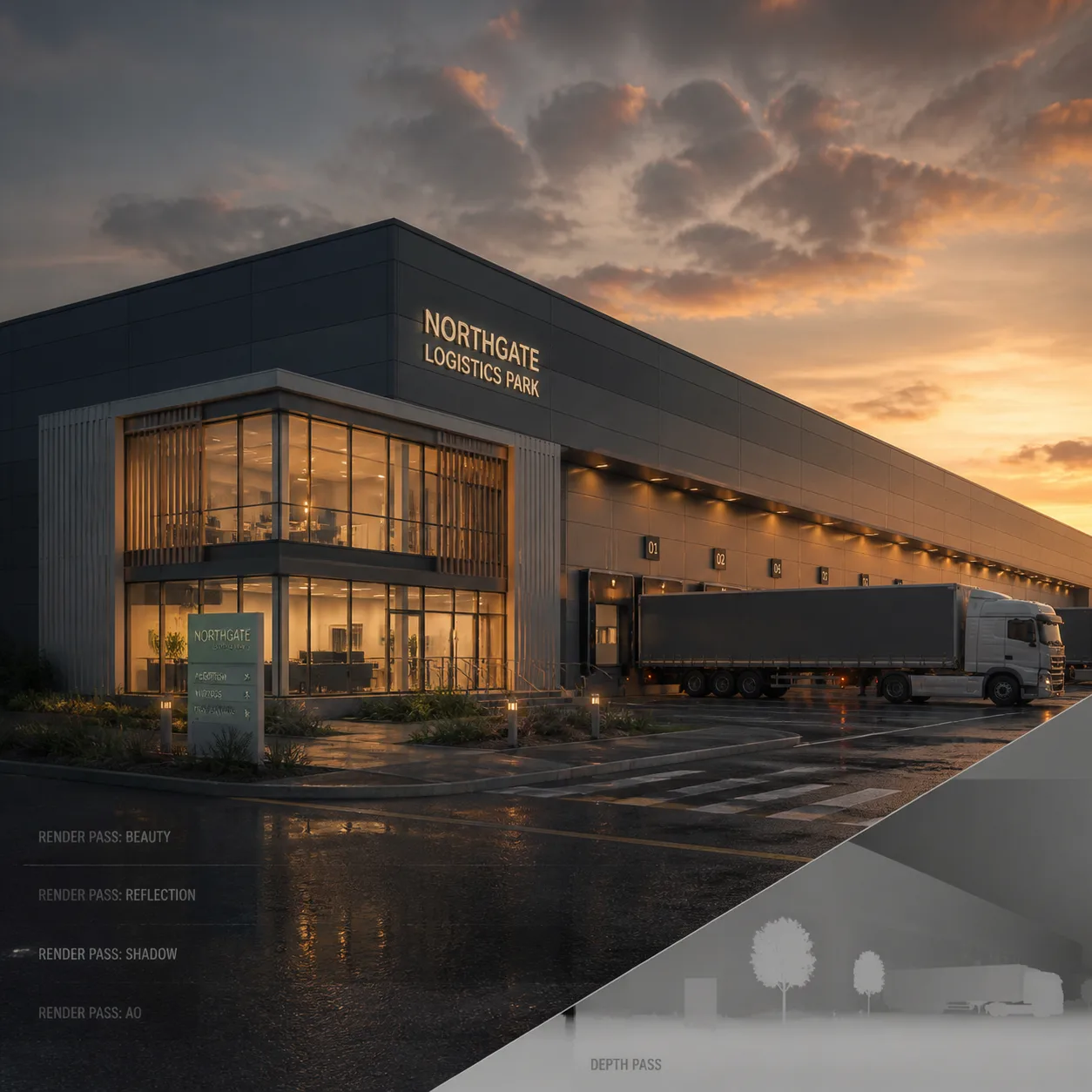 Day 4 lit: dusk lighting and post-production composited onto the warehouse render
