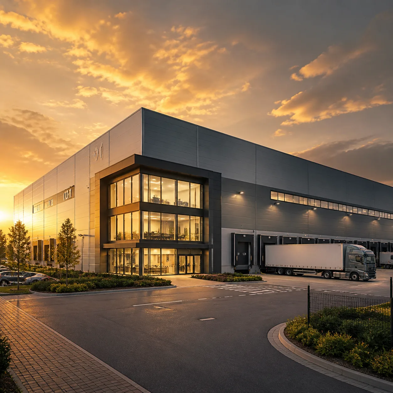 Day 5 ship: finished cinematic dusk CGI of the UK speculative big-box logistics warehouse, marketing-ready
