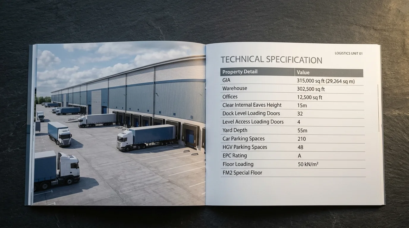Open A4 industrial property brochure spread with warehouse CGI and technical specification table