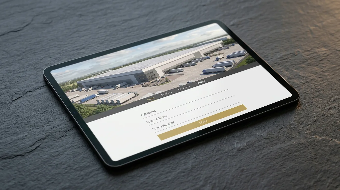 Scheme microsite mockup on a tablet showing the warehouse hero image and an enquiry form