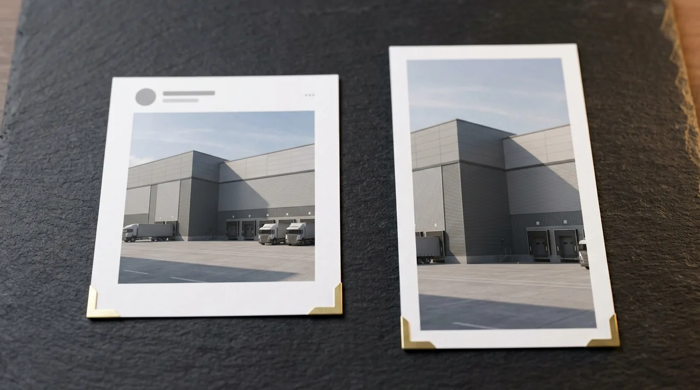 Square and vertical social-media tile mockups featuring warehouse scheme imagery for launch announcements