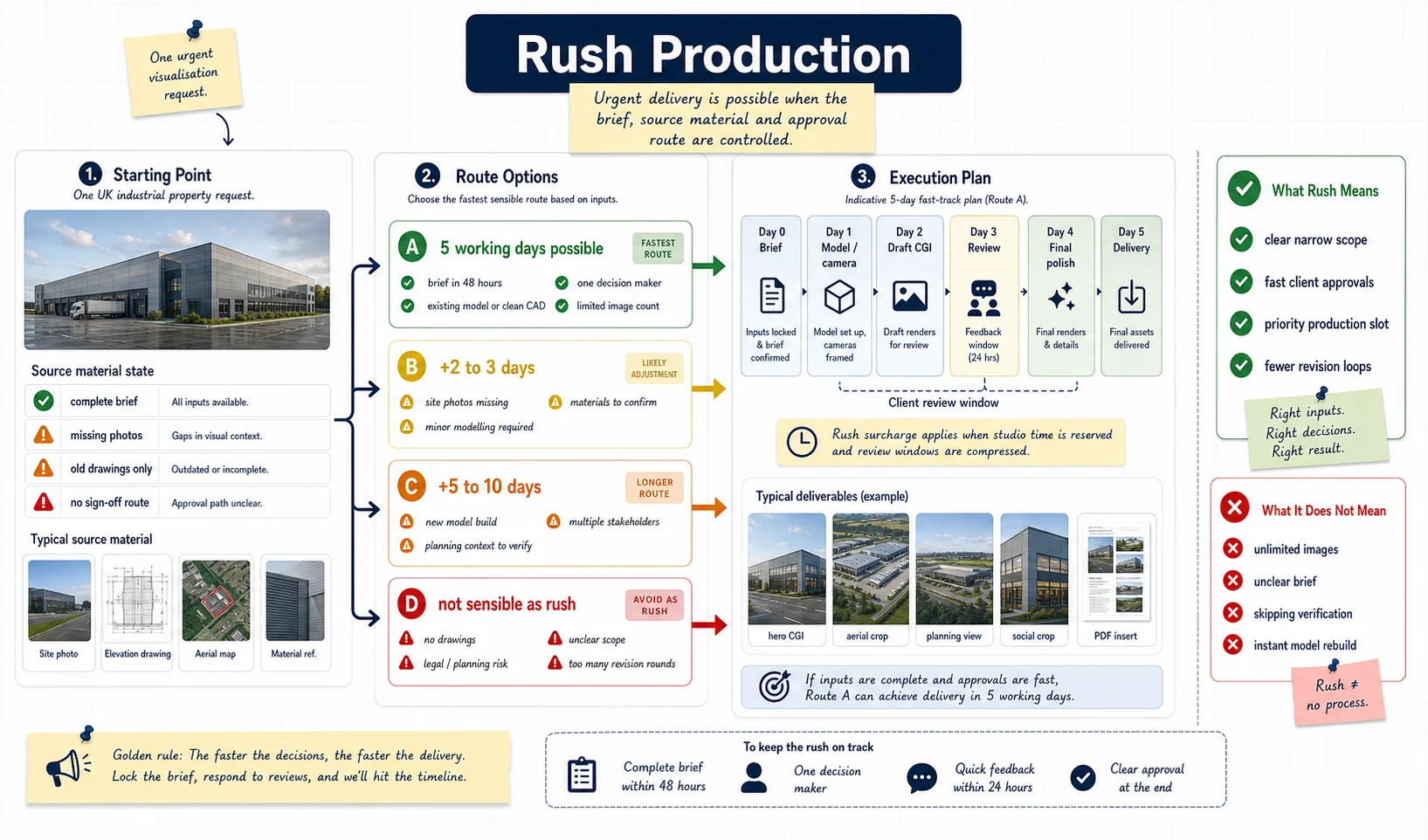 Whiteboard explaining UK rush production routes, source material requirements, five working day fast-track delivery conditions, added day risks and urgent approval requirements