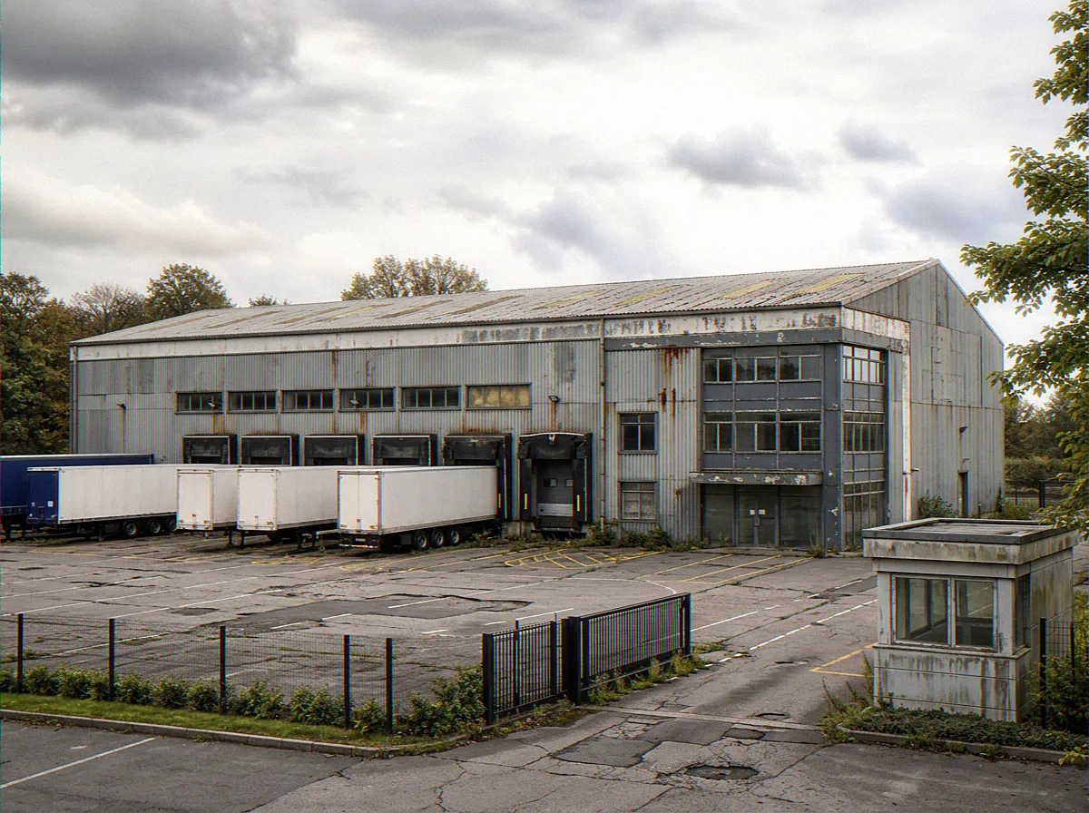Existing condition architectural CGI of the UK industrial warehouse before refurbishment, locked camera reference frame paired with the proposed scheme