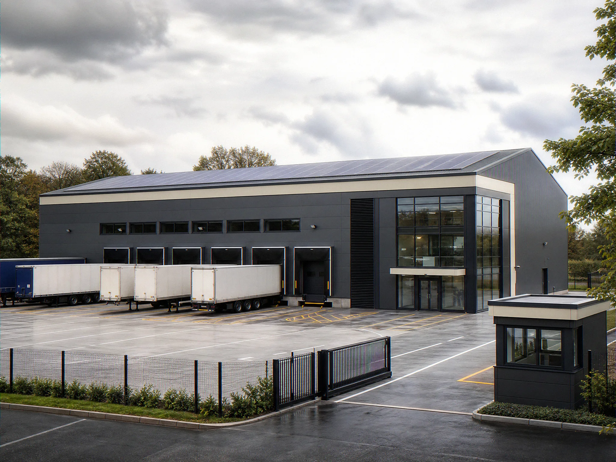 Proposed scheme architectural CGI of the refurbished UK industrial warehouse showing recladded envelope, new rooflights, solar PV array, fresh dock pads, and refreshed yard surfacing
