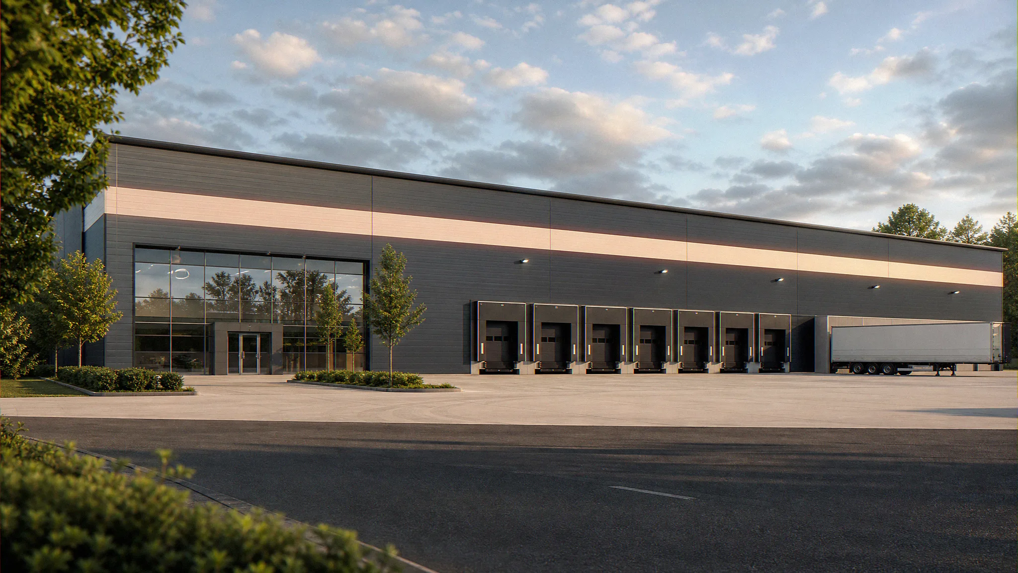 Occupier-facing pre-let architectural CGI of a refurbished UK industrial logistics warehouse, eye-level view from the access road showing recladded envelope, curtain-wall office entrance, fresh dock pads, and ready-to-let yard