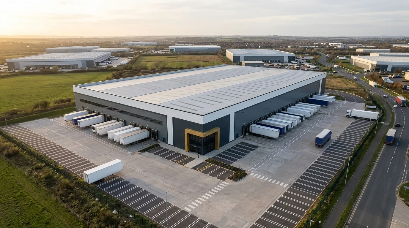 Aerial three-quarter view of a UK cross-dock distribution centre showing two opposing dock faces, 50 metre service yards, and articulated HGV trailers spotted on painted positions
