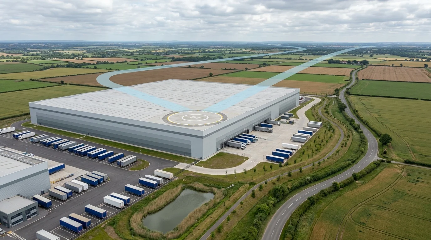 Oblique aerial photomontage of a UK fulfilment warehouse with a rooftop drone landing pad and a translucent BVLOS airspace corridor traced across surrounding farmland, HGV trailers at dock face and an attenuation pond visible