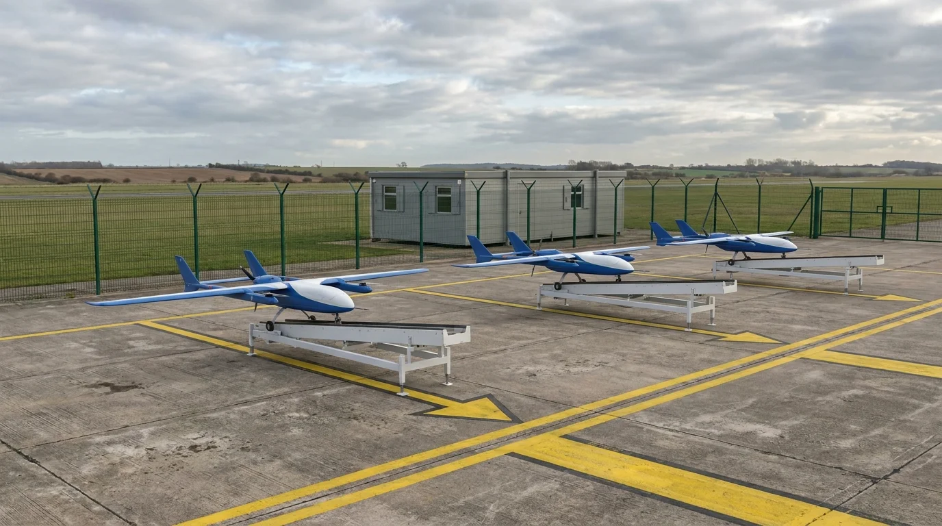 UK regional drone-hub apron photomontage showing three fixed-wing delivery drones on catapult launch cradles, concrete pad with yellow markings, chain-link security fence, modular control building, and overcast British airfield horizon