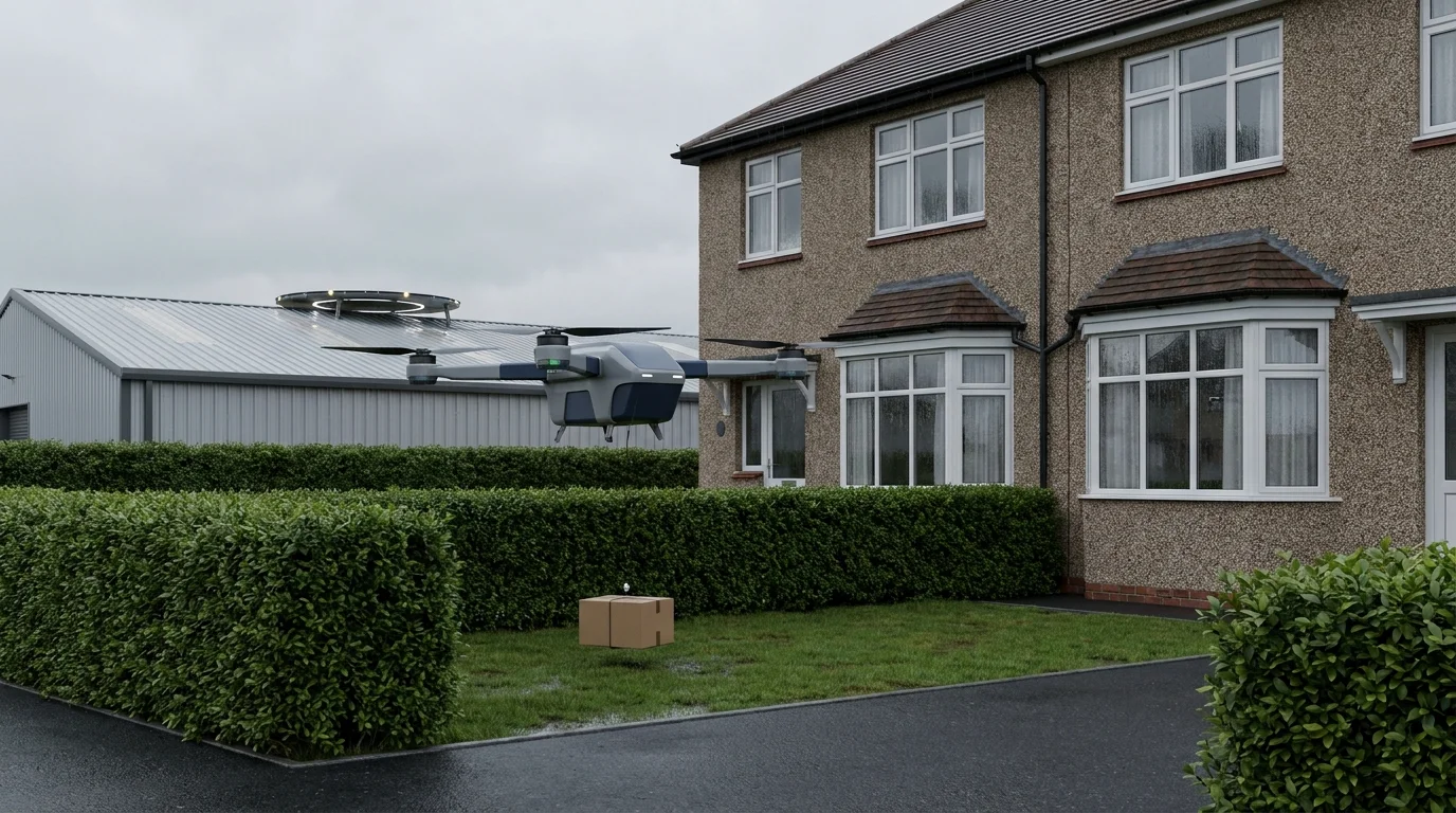 Pedestrian eye-line photomontage of a delivery drone hovering above a UK suburban garden lawn with a small parcel released onto the grass, the rooftop drone pad of the parent fulfilment building visible above the privet hedge in the background