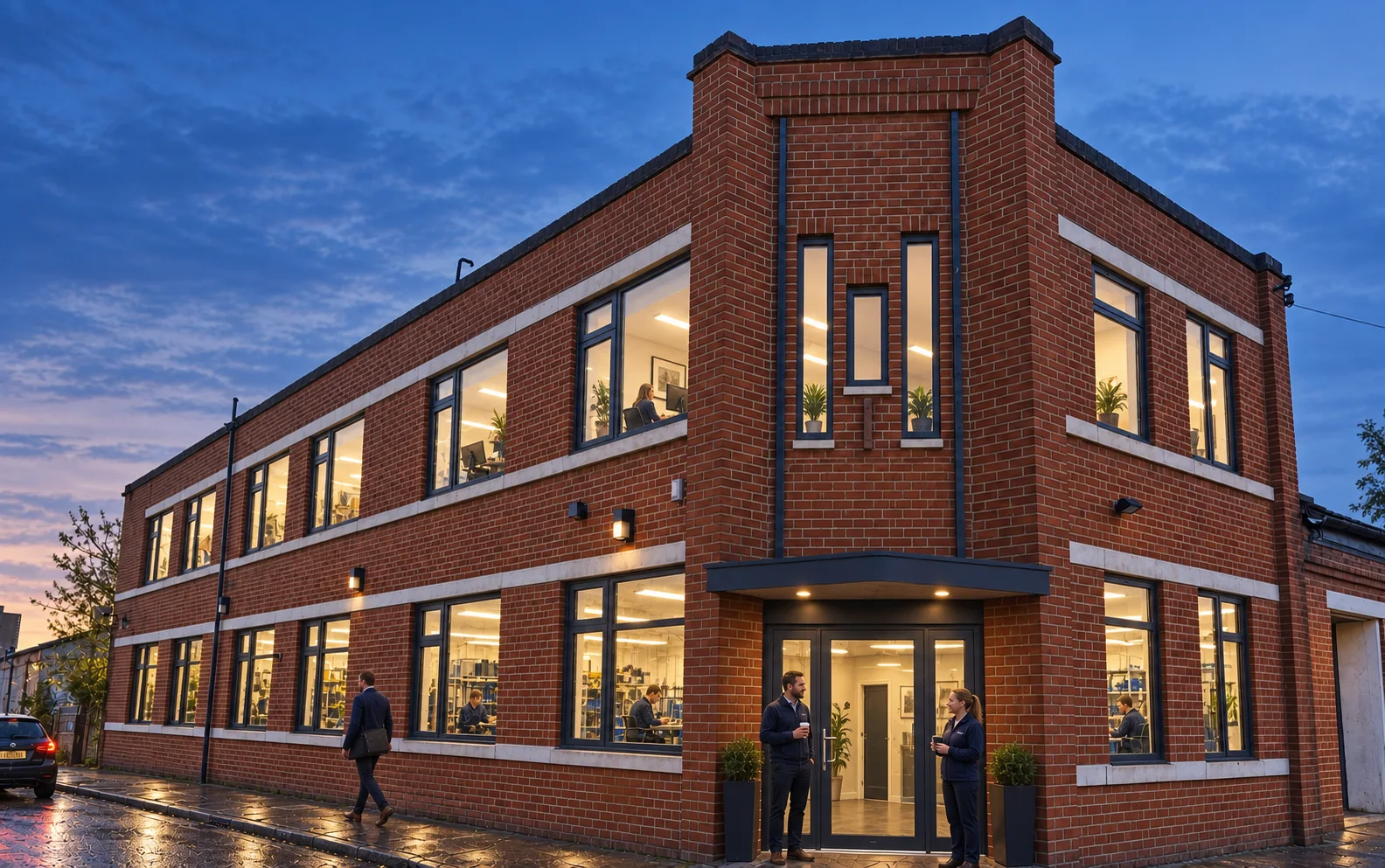 Staged occupied warehouse exterior CGI at dusk