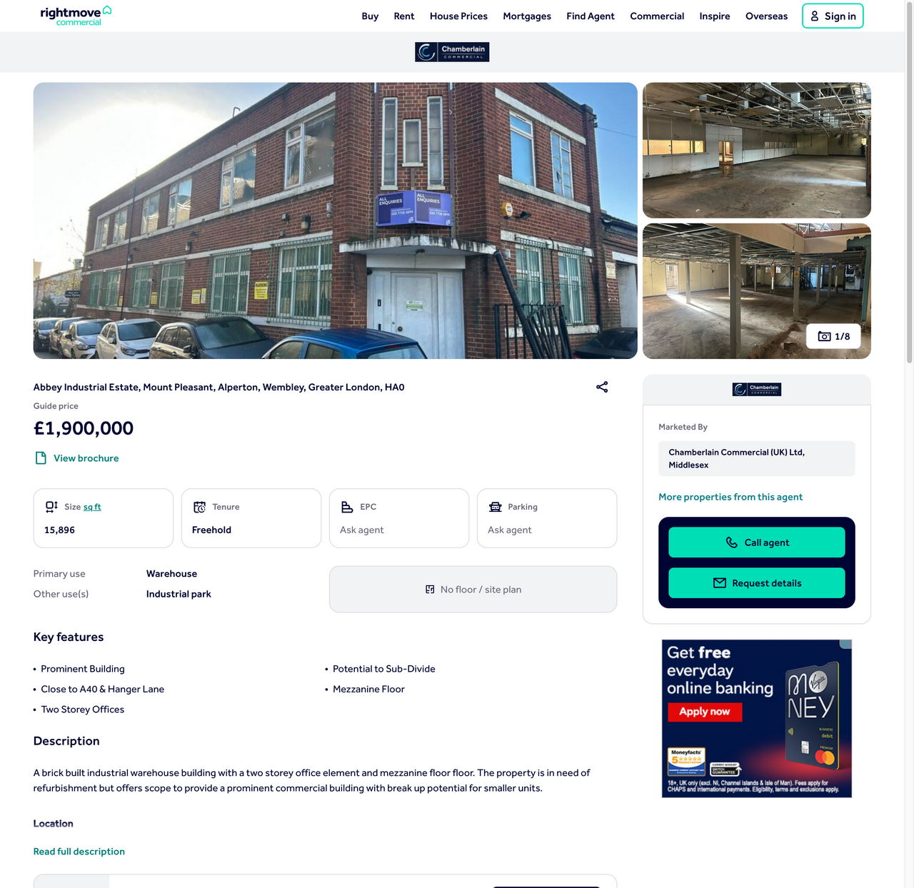 Rightmove advertisement for Abbey Industrial Estate warehouse in Alperton showing the guide price and advertised particulars