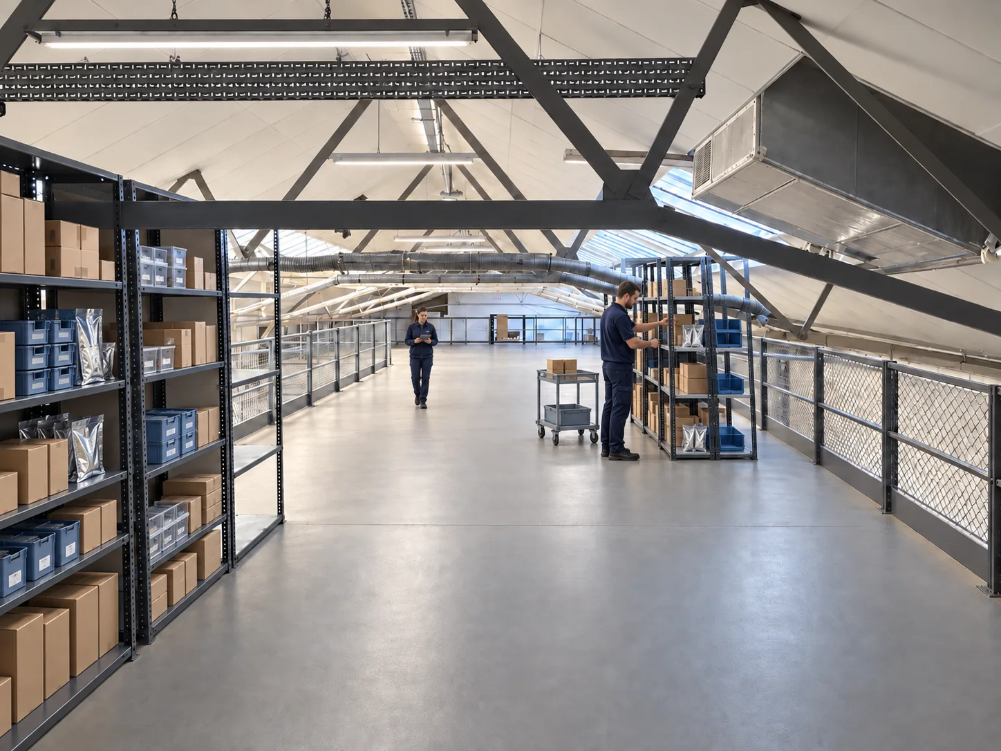 Staged stocked storage area CGI with worker