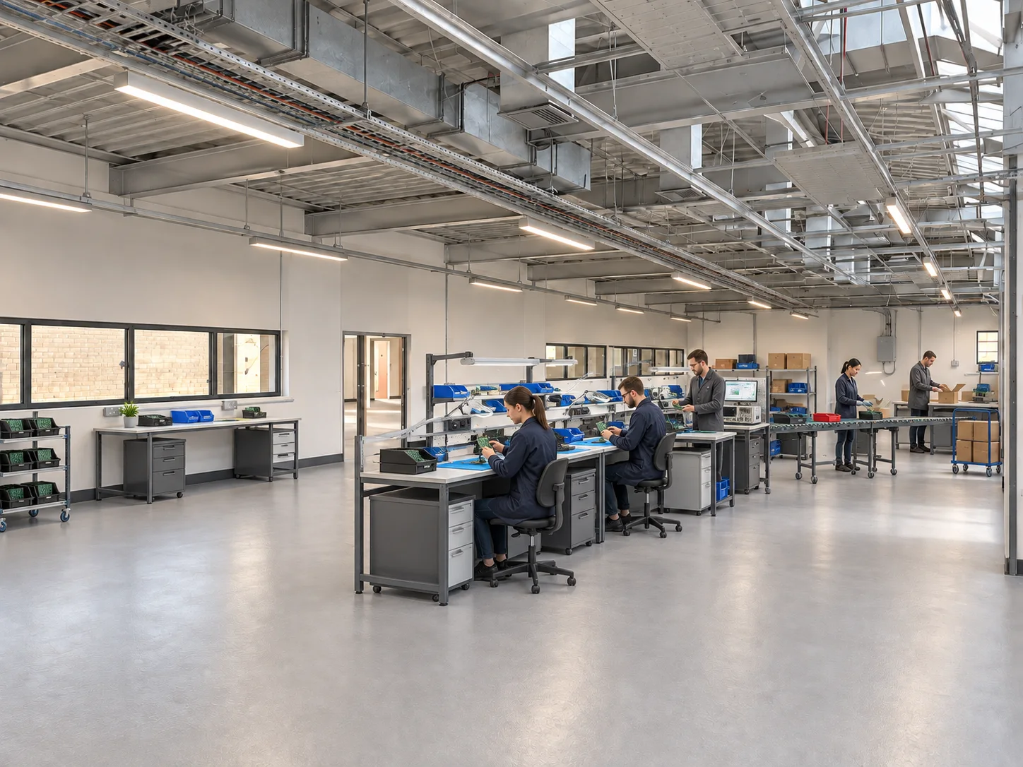 Staged electronics assembly operation in refurbished warehouse CGI