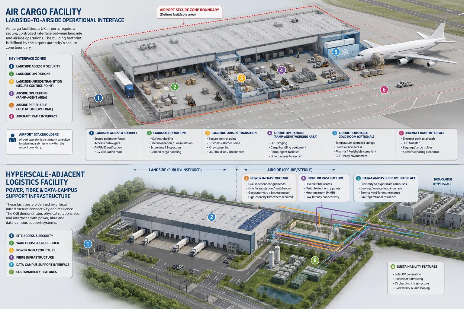 Air cargo and hyperscale-adjacent logistics evidence board showing landside-to-airside secure boundary, ramp-agent zones, aircraft interface, power infrastructure, fibre routes, and data-campus support infrastructure.