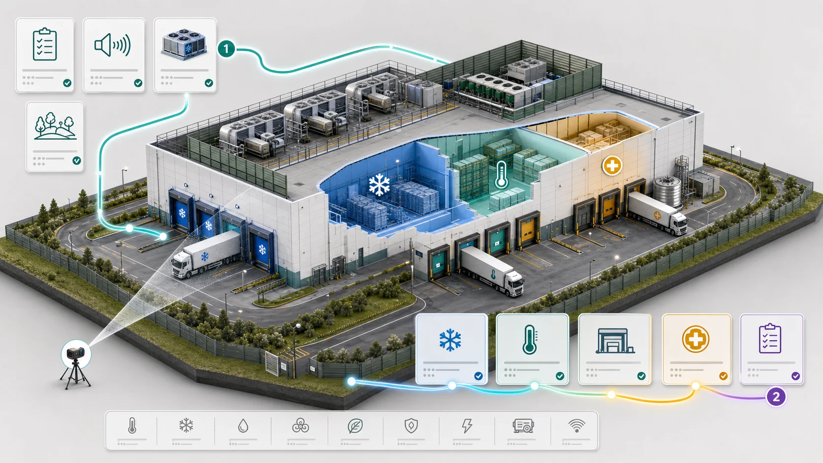 Isometric cold storage evidence diagram showing roof refrigeration plant, acoustic screening, LVIA viewpoint, segregated chilled and frozen docks, and controlled-ambient warehouse zones