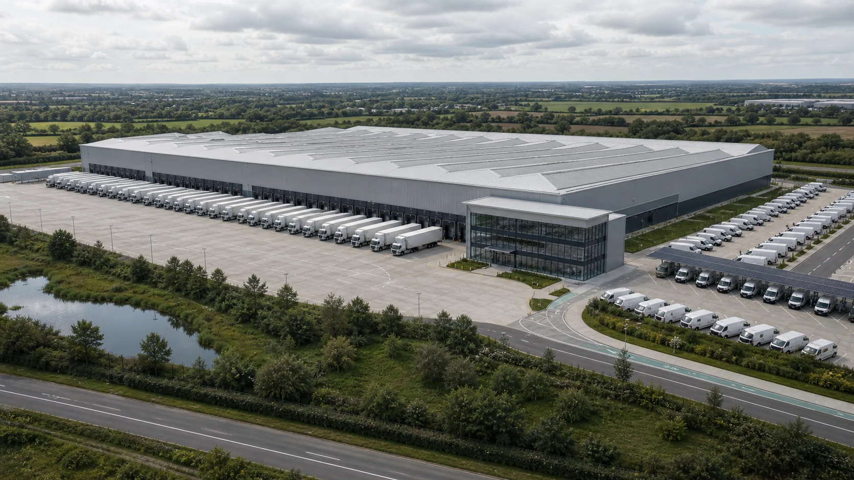 UK cold storage warehouse with insulated cladding, refrigerated trailer fleet at the dock face, and separated yard zones for chilled and ambient flow