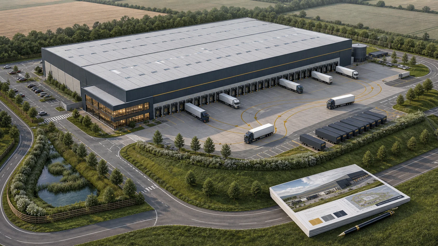 Isometric CGI illustration of a UK big-box distribution centre showing dock rhythm, deep HGV service yard, swept-path arcs, trailer queue, attenuation pond, and landscape bund.