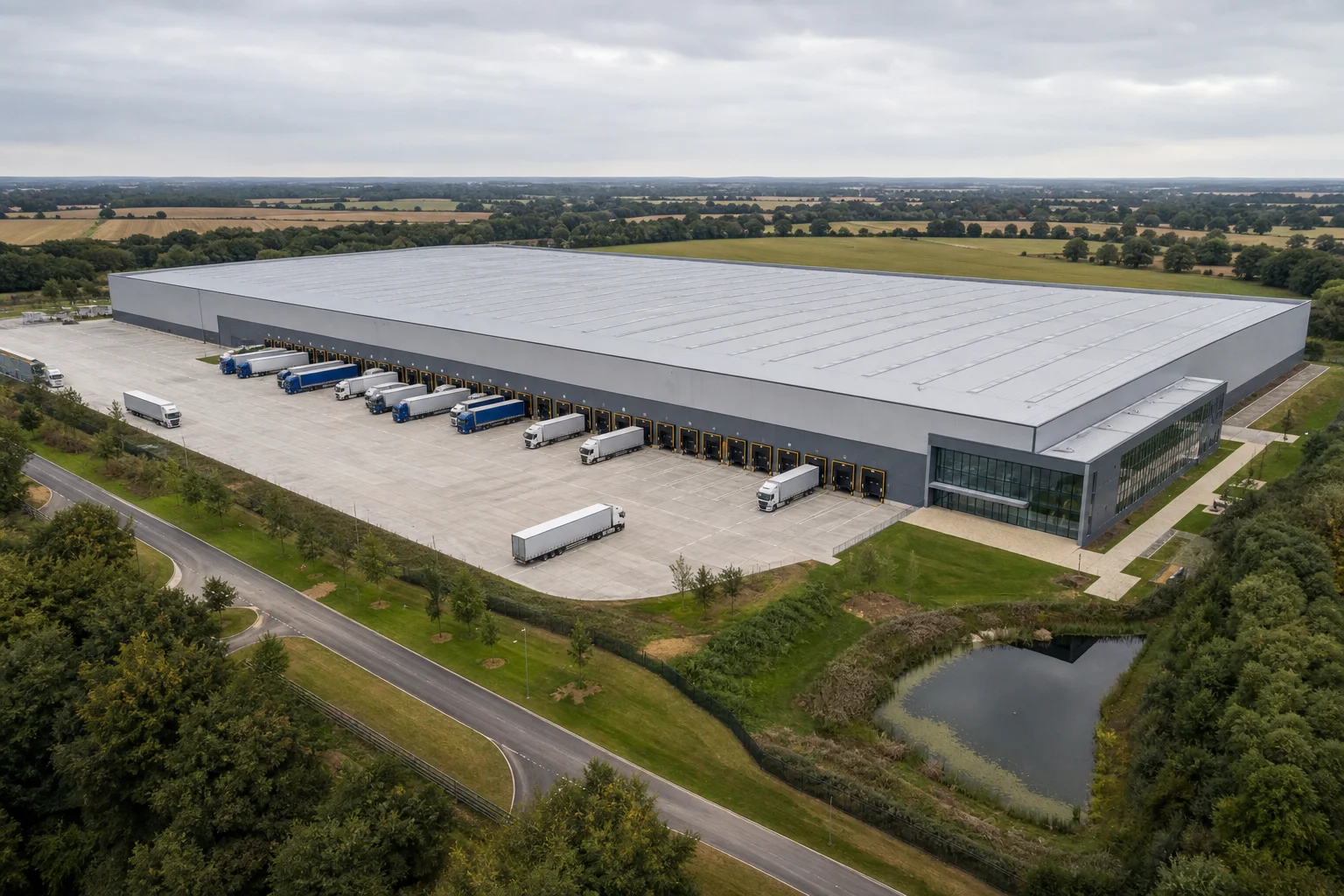 UK big-box distribution centre with deep HGV service yard, dock face with articulated trailers, attenuation pond, and Midlands farmland landscape