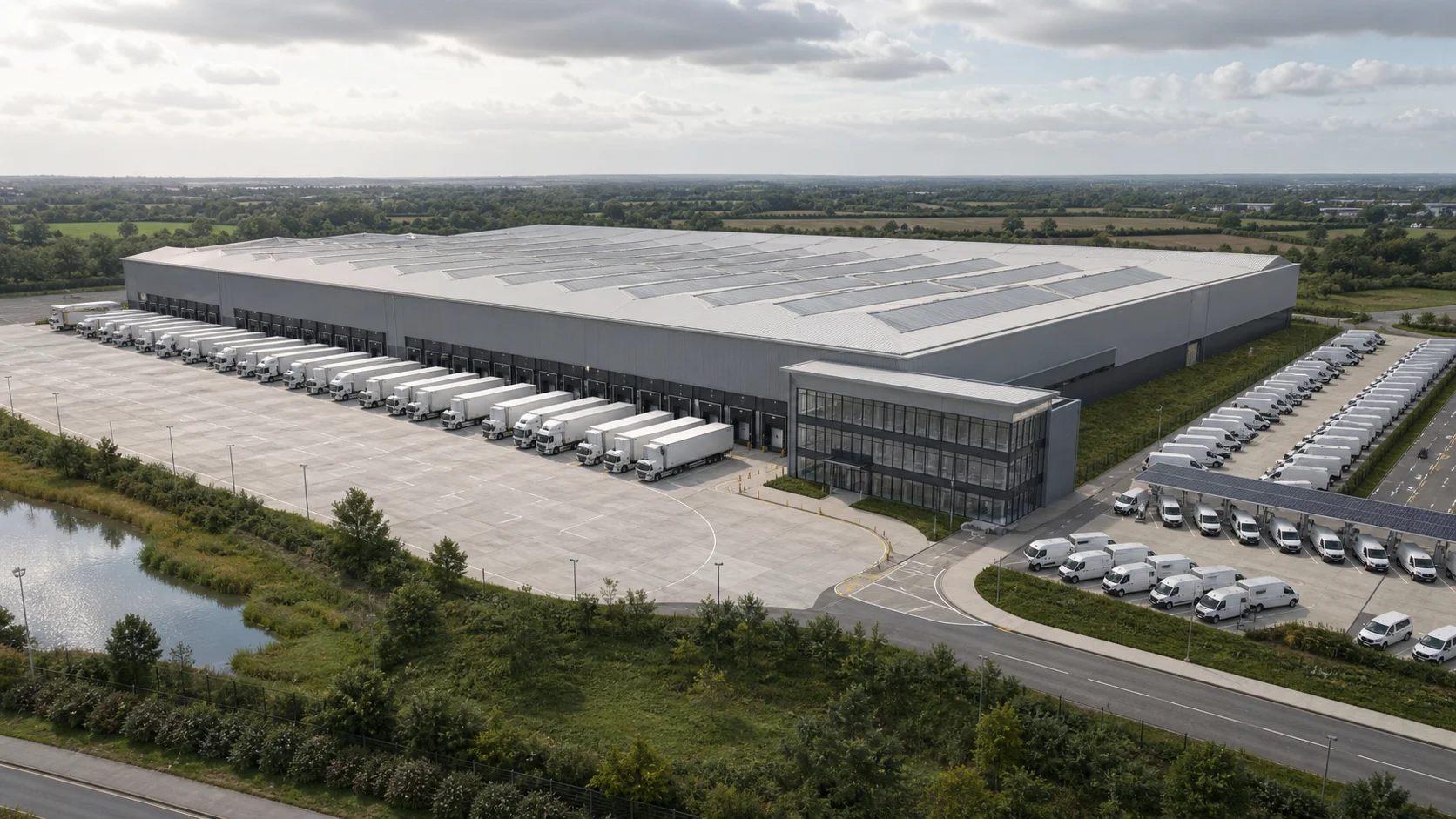 UK fulfilment centre with HGV dock face on the long elevation and a separate parcel-van apron on the perpendicular elevation