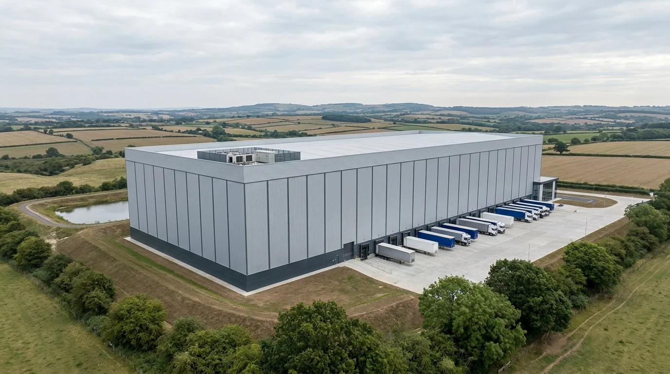 UK high-bay automated warehouse showing exceptional ridge height against rural farmland with substantial earth bund and mature tree screening