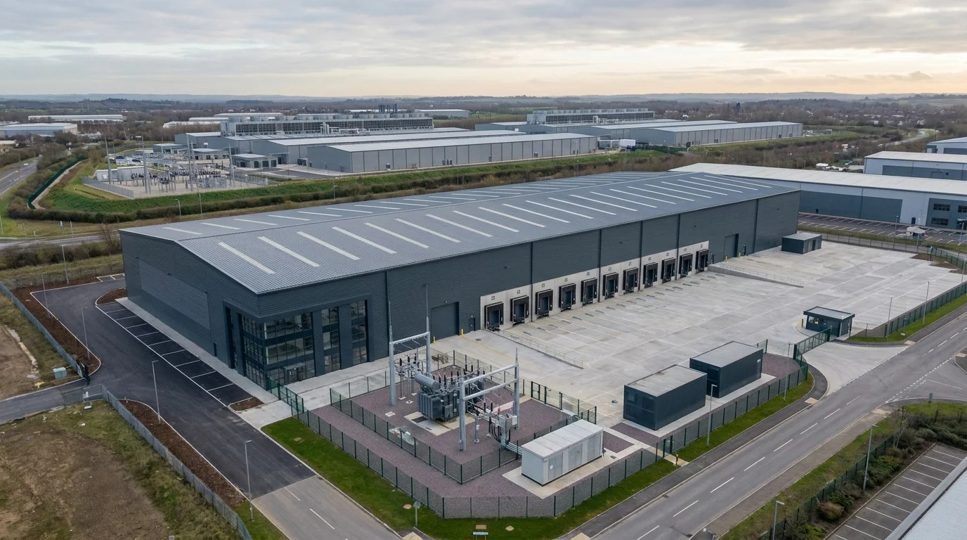 UK hyperscale-adjacent power-dense logistics facility with electrical substation in the yard and a hyperscale data centre campus visible in the background